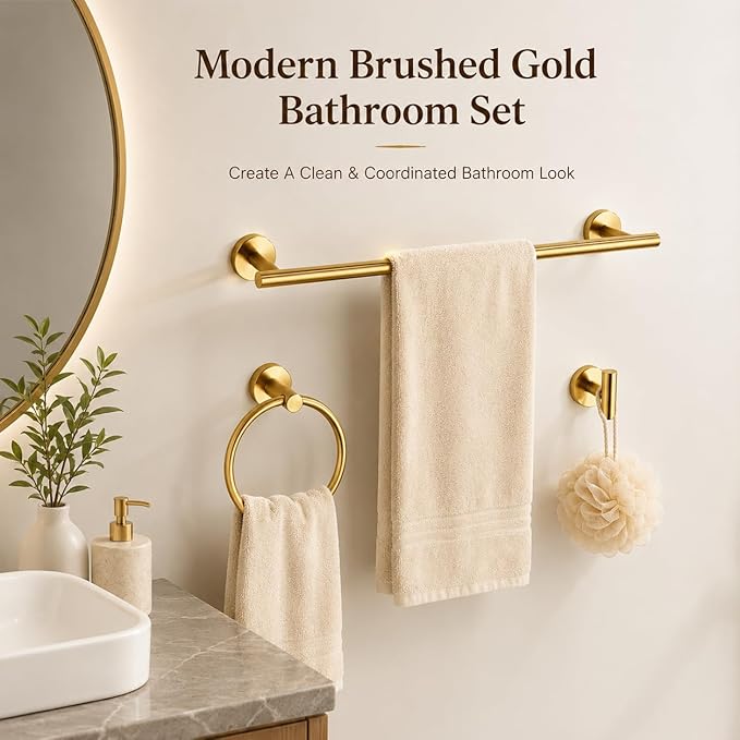 Brushed Gold Bathroom Hardware Set 5 Piece with Towel Racks for Bathroom, SUS304 Stainless Steel Bath Towel Bar Set, 24 Inch Wall Mounted Accessories Kit…