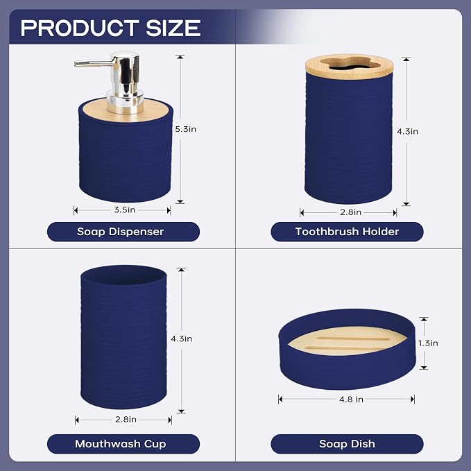 4 Pieces Bamboo Bathroom Accessories Set, Bathroom Accessory Set with Soap Dispenser and Toothbrush Holder, Soap Dish and Toothbrush Cup, Boho Bathroom Décor(Navy Blue)