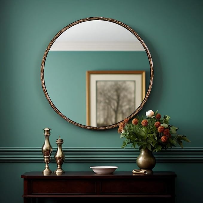 ANDY STAR Hand-Forged Bronze Round Bathroom Mirror, 30 Inch Antique Oil Rubbed Bronze Circular Mirror, Solid Steel Hammered Rounded Mirrors for Wall Decor, Vanity, Washroom, Entry, Fireplace