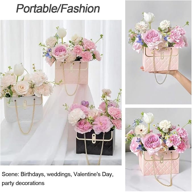 NADUSEP 4 PCS Flower Paper Gift Bag Bouquet Storage Bucket, Florist Flower Hand bag with Metal Chain Gift Case for Gifts Wrapping Supplies Bulk Mother's Day Valentine's Day Women's Day (Black)