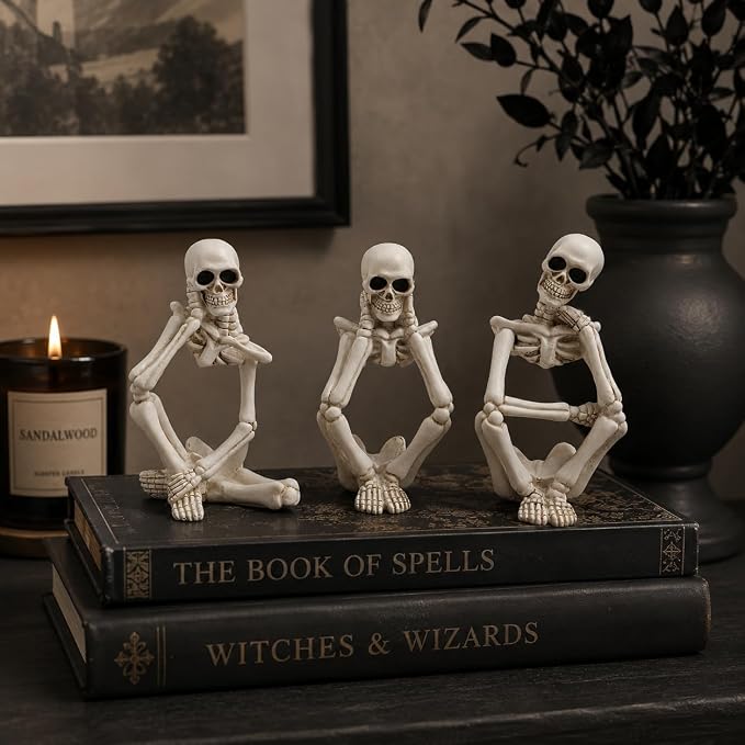 Skeleton Thinker Decor Set of 3, Resin Gothic Figurines for Home Decor, Aesthetic Skull Shelf Decor, Halloween Decorations for Home, Bookshelf & Office Accents