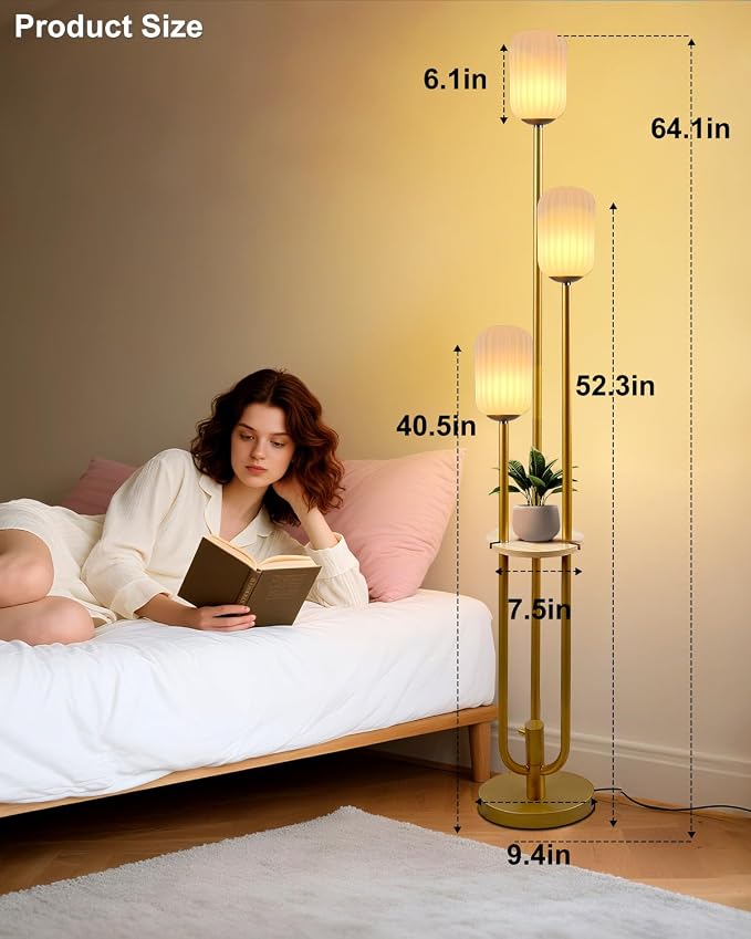Floor Lamp for Living Room, Dimmable Vintage Floor Lamp with Shelf & LED Bulbs, 3 Light 3000K Soft Warmwhite Mid Century Standing Lamp, Tall Lamps with 5Lbs Heavy Base for Bedroom Office