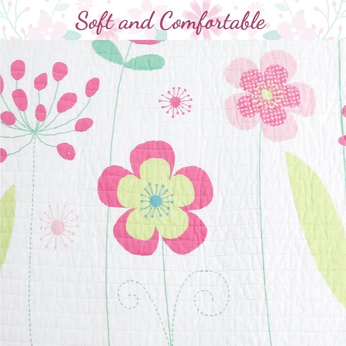 Cozy Line Home Fashions Pink Lavender Green Floral Print Girl 100% Cotton Reversible Quilt Bedding Set, Coverlet, Bedspread (Blossom, Twin - 2 Piece)