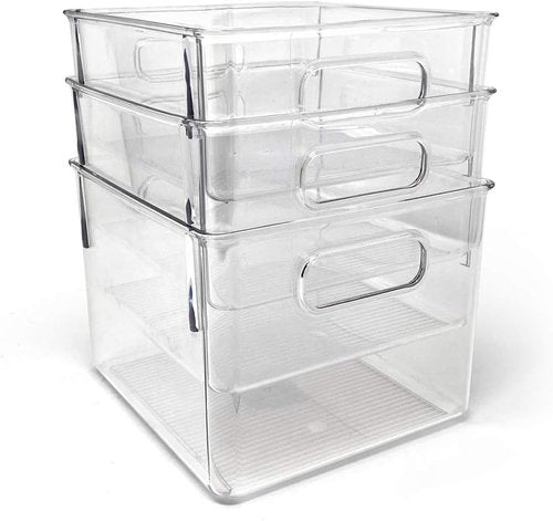 Isaac Jacobs Medium Clear Storage Bins - 3-Pack Plastic Organizers with Handles for Home, Kitchen & Fridge | BPA Free, Food Safe