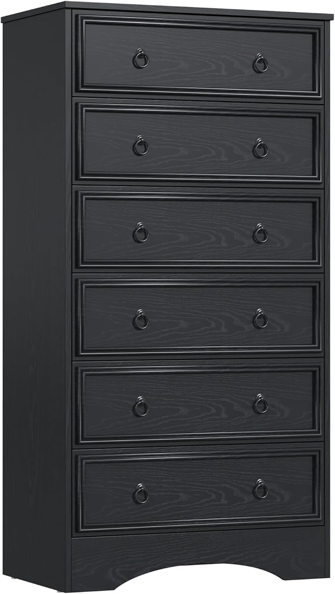 6 Drawer Dresser Tall, 52" Tall Black Dresser for Bedroom, Chest of Drawers, Large Storage Organizer for Clothes, Grey Vintage, for Living Room, Bedroom, Hallway