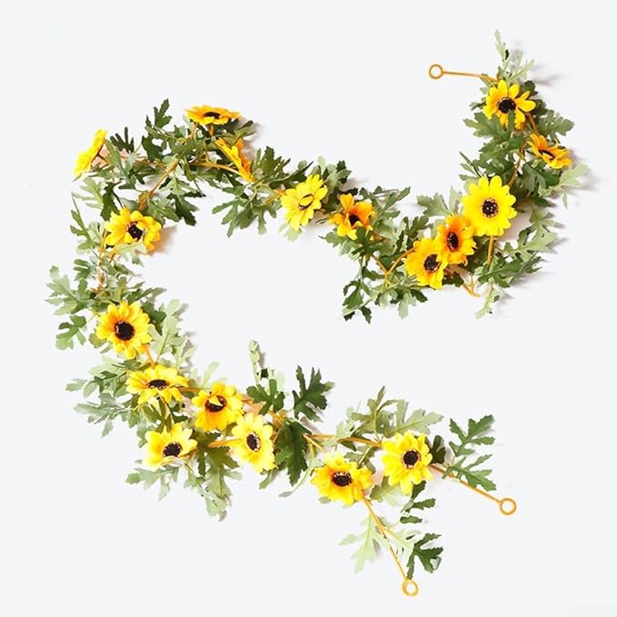 Artificial Sunflower Vine 175cm, Fake Sunflowers Garland with Yellow Silk Flowers and Green Leaves for Wedding Party Home Decor, 2 Pack