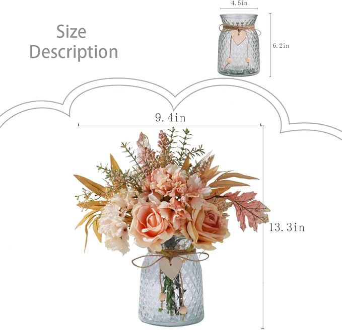 Silk Rose Flowers in Vase, Artificial Flowers Arrangement with Glass Vase Faux Hydrangea Rose for Decoration Table Centerpiece (Hydrangea Rose Pink)