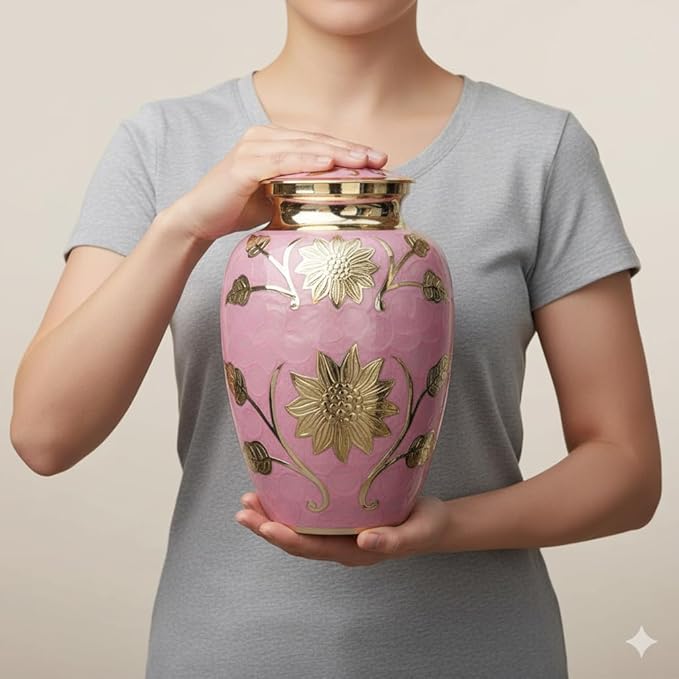 Pink Garden Brass Adult Cremation Urn | Unique Brass Funeral Urn with Gold & Pink Enamel Details | Large