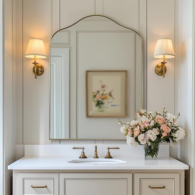ANDY STAR Brass Scalloped Arched Wall Mirror, 30x40 Brushed Gold Irregular Bathroom Mirror with Curved Design for Vanity, Powder Room, Fireplace, Mantel, with Stainless Steel Metal Frame