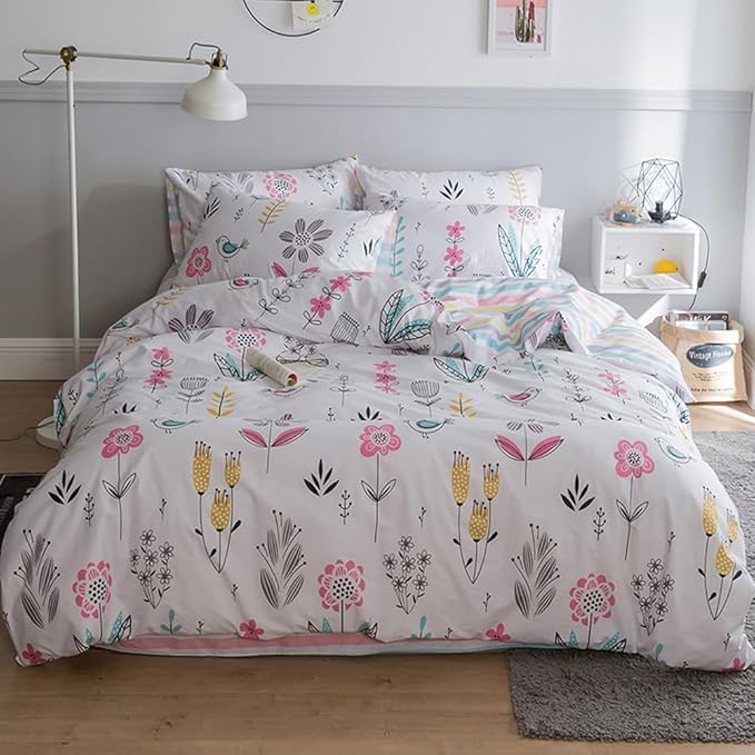 HighBuy Floral Printed Bedding Set Queen Duvet Cover Girls Cotton Comforter Cover Garden Aesthetic Reversible Striped Bedding Sets 3 Piece Queen Bed Boho Comforter Cover Duvet Cover Set