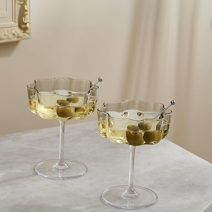 Khen Flower Vintage Wavy Glass Coupes Martini, Champagne & Cocktail Coupes - Set of 2-7oz Colorful Cocktail Glasses & Champagne, Prosecco, Mimosa Glassware Copyright Design - Gray