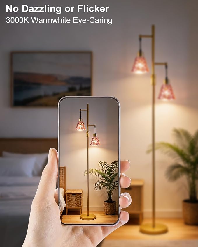Lightdot 2-Light Gold Flower Floor Lamp, 65IN Rose Red Glass Floor Lamp with 3000K Warm White Bulbs, Modern Standing Tall Lamp with 5Lbs Heavy Base for Living Room Bedroom Home Office Sofa Beside