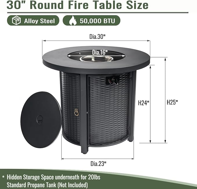 30" Propane Gas Fire Pit Table, 50000 BTU Round Steel Fire Pit with Lid & Glass 2 in 1 Fire Pit Table Rock for Outside Patio Deck Garden Courtyard