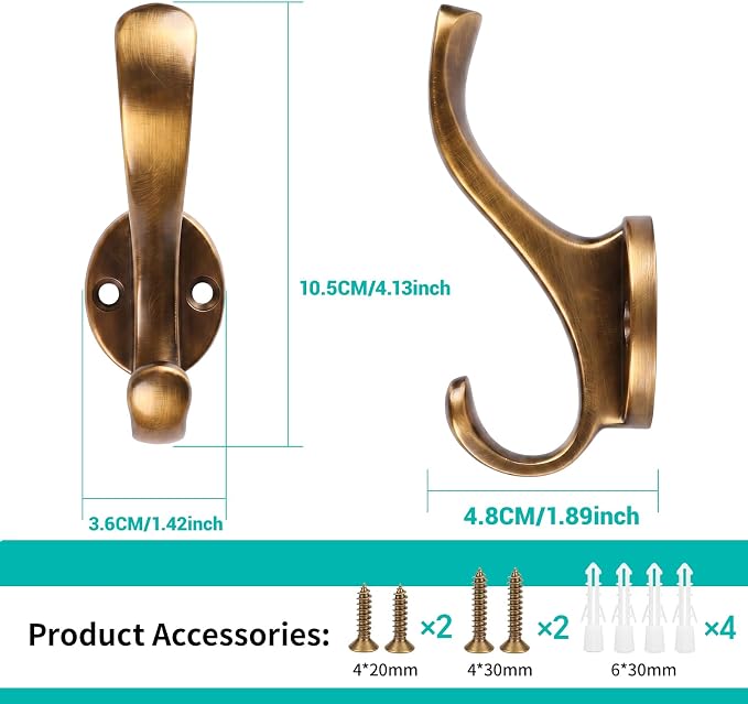 Heavy Duty Wall Hooks, Black, Metal Mounting Hardware, 6-Pack, Double Prong Design, Decorative Coat Hangers with Screws, Anchors