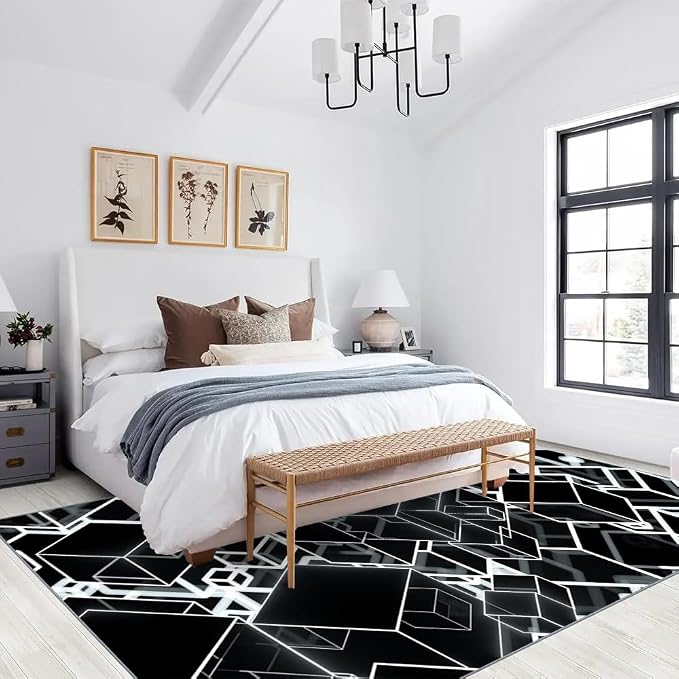 3D Geometric Area Rugs, Black White Block Pattern Carpet, Washable Non Slip Low Pile Soft Rug for Living Room Bedroom Decor Mat 5x6ft
