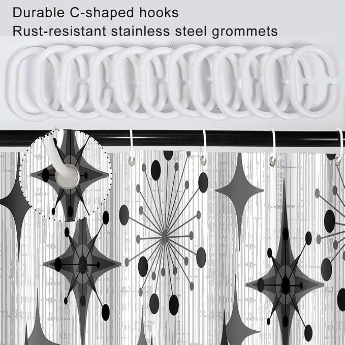 Mid Century Shower Curtain, 36x72inch, Modern Abstract Retro Grey Striped Geometric Shower Curtain Sets 1950s Boho Bathroom Shower Curtain with 6 Hooks