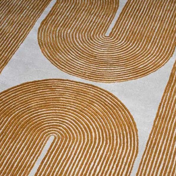 Modern Handmade Wool Area Rug, Abstract Curved Line Geometric Carpet for Living Room Bedroom, Contemporary Tufted Indoor Rug with Soft Pile and Cotton Backing (Gold, 9' x 12')