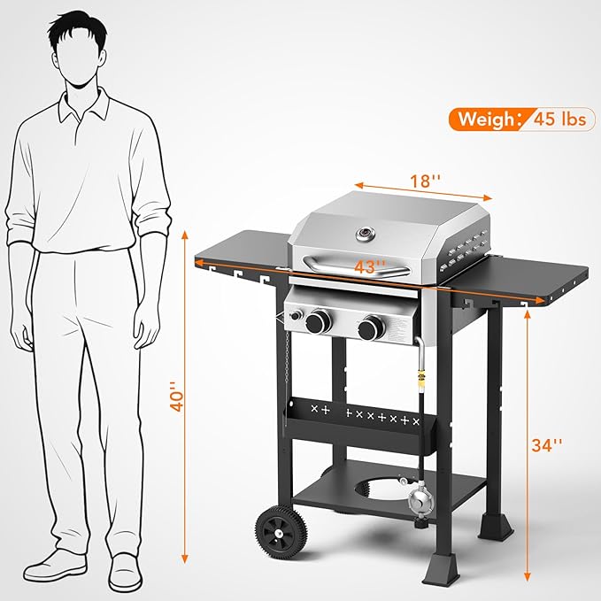 Electactic Propane Gas BBQ Grill 2-Burner Barbecue Grills with Cast Iron Frying Pan and Grates Combo, 16000 BTU Output Stainless Steel Grill for Outdoor Cooking, Patio, Backyard Party