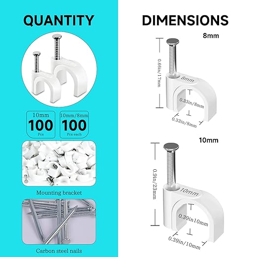 100PCS Cable Staples,10mm Cable Clips White,Cable Wire Clips Nail in Clips for Round Ethernet Cables Wall Clips Cable Tacks Electrical Wire TV Cable Speaker Wire Coax Clips (100Pcs 10mm)