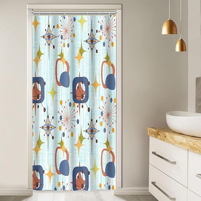 Mid Century Shower Curtain, 36x72inch, Modern Abstract Retro Blue Striped Geometric Shower Curtain Sets 1950s Boho Bathroom Shower Curtain with 6 Hooks
