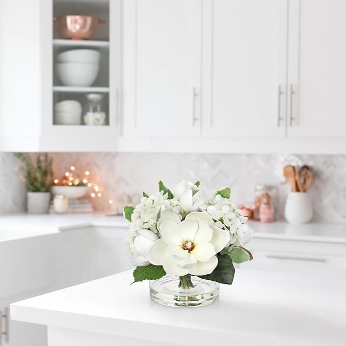 Briful Artificial Magnolia and Hydrangea Flower Arrangement in Glass Vase 9.4" Realistic White Silk Fake Flower with Faux Water Fake Floral Centerpieces for Home Room Office Table Shelf Décor