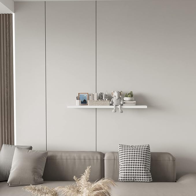 SAUMONIERES Floating Wall Shelves for Bedroom Bathroom Wall Mounted Solid Wood Shelf Storage Decor, Long White Floating Shelf