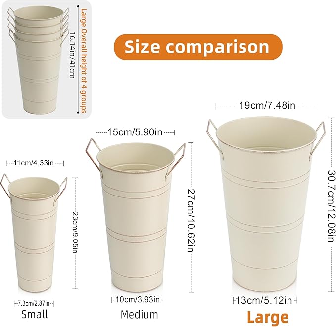 Notakia 12 Inch Large Galvanized Metal Vases Farmhouse French Flower Bucket Vases for Cut Flowers for Home Decor and Wedding Table Centerpiece Decorations (Large Beige 4Pcs)