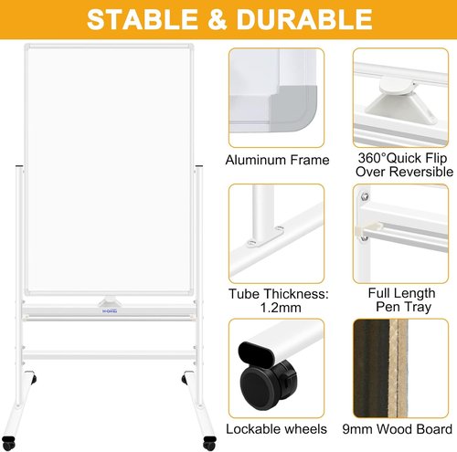 H-Qprobd Magnetic Dry Erase Board - Mobile Double-Sided Whiteboard on Wheels | 40"x28" for Home, Office & School
