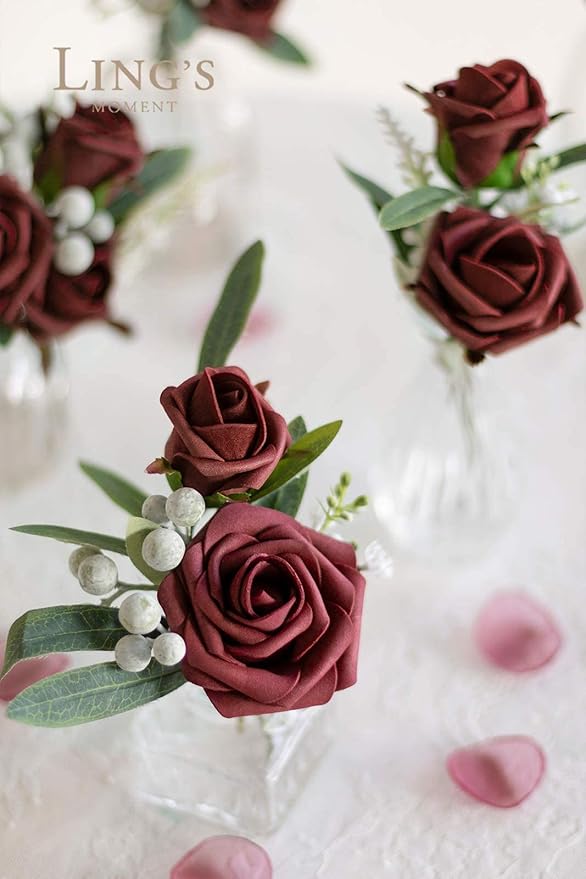 Ling's moment Artificial Flowers Burgundy Rose Buds and Small Roses w/Stem for DIY Wedding Bouquets Centerpieces Arrangements Party Baby Shower Home Decorations