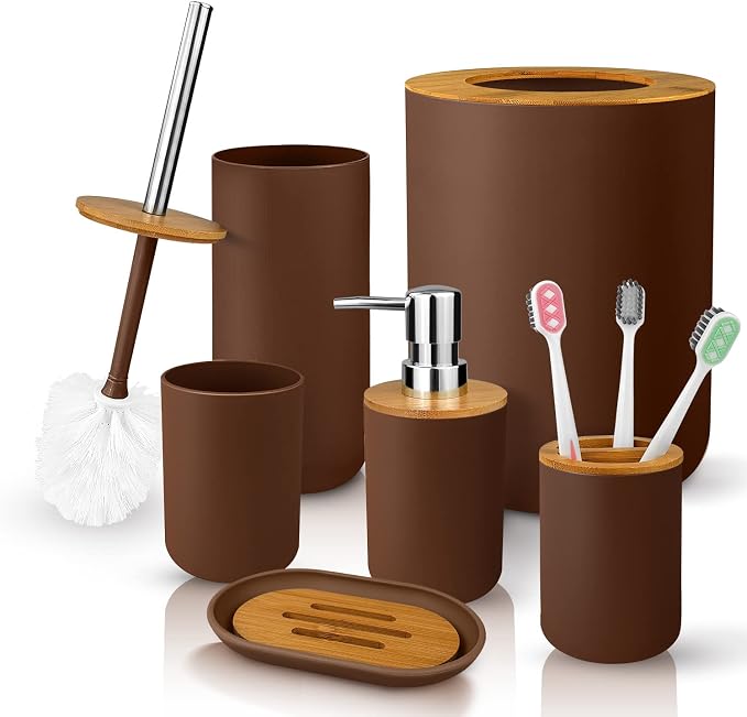 Bathroom Accessory Set, 6 Pcs Bathroom Essential Includes Toothbrush Holder, Toilet Brush with Soap Dispenser, Toothbrush Cup, Soap Dish, Trash Can (Brown, Bamboo)