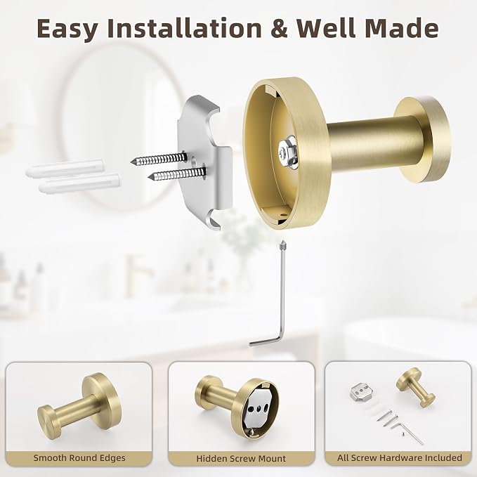 APLusee Brushed Gold Single Robe Wall Hook, 304 Stainless Steel Heavy Duty 11LBS Towel Hanger, Wall Mounted Towel Hook for Bathroom Kitchen Entryway
