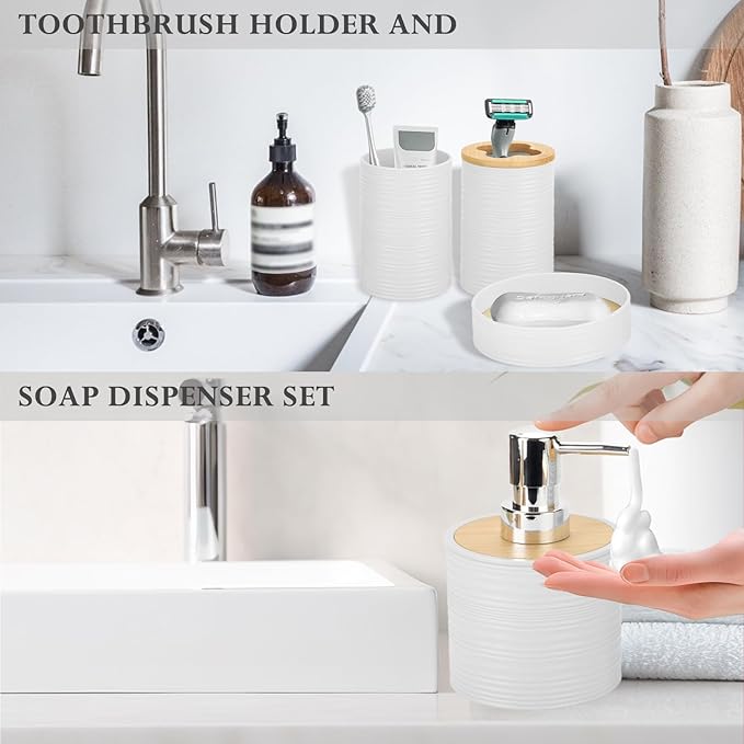 4 Pieces Bamboo Bathroom Accessories Set, Bathroom Accessory Set with Soap Dispenser and Toothbrush Holder, Soap Dish and Toothbrush Cup, Boho Bathroom Decor(White)