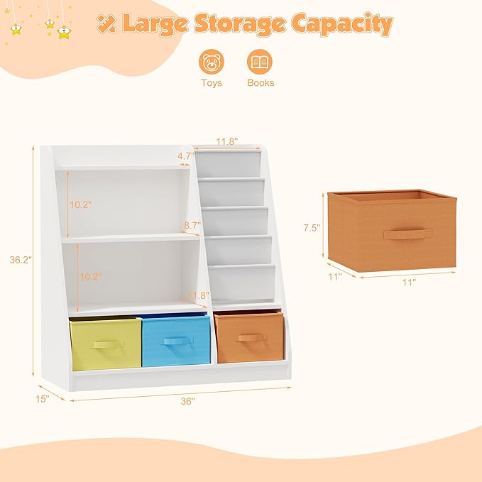 NACHES Kids Bookshelf and Toy Storage Organizer, Montessori Nursery Book Shelves with Sling Rack & Fabric Toy Bins, Toddler Baby Bookcase, Wooden Toy Shelf for Kids Room, Playroom, White-Colorful