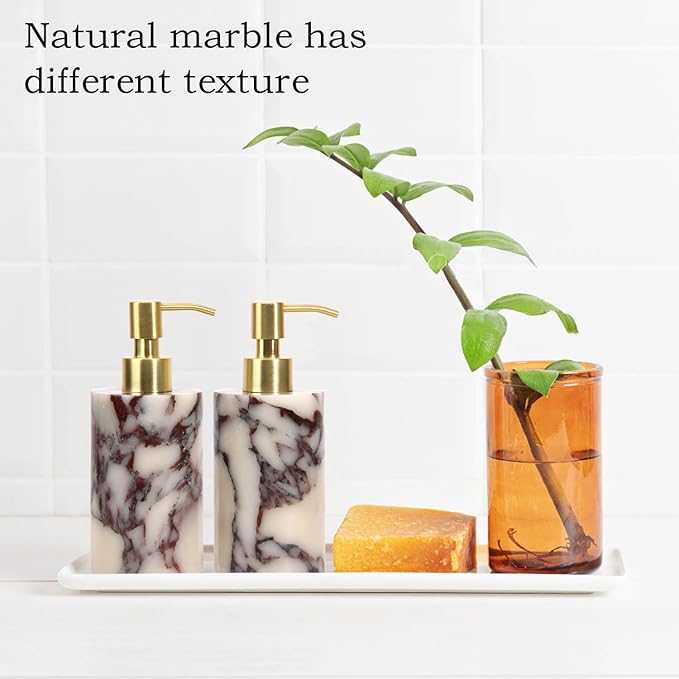 Natural Marble Soap Dispenser for Bathroom and Kitchen Countertop - 5.41 Ounces Hand Lotion and Liquid Stone Shampoo Laundry Bottle with Pump (1, Calacatta Viola, Cylindrical Bottle)