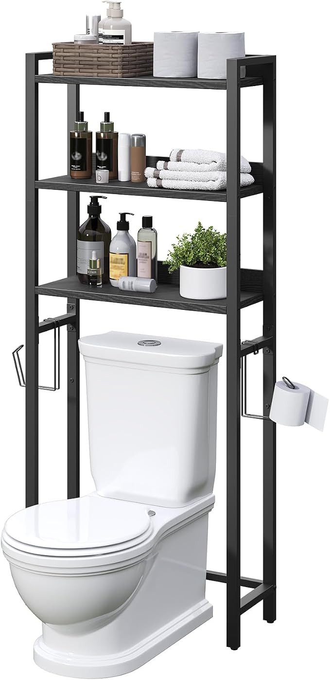 MAHANCRIS Over The Toilet Storage Rack, 3 Tier Bathroom Organizer Over Toilet, Freestanding Space Saver Toilet Stand with 2 Hooks, Bathroom Storage Shelf, Easy to Assemble, Black TSBK6001