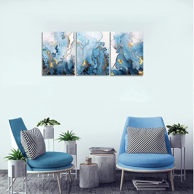 SERIMINO Blue Abstract Canvas Wall Art for Living Room, Navy and Gold Fluid Marble Wall Decor for Bedroom, Bathroom, Office, Home Decor, Set of 3 Print Painting, 12"X16"