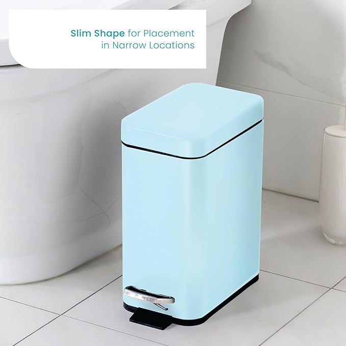 Home Zone Living 2-Pack 1.3 Gallon Small Powder Blue Bathroom Trash Can with Lid and Step Pedal, Stainless Steel Wastebasket with Slim Design for Home and Office, 5 Liters