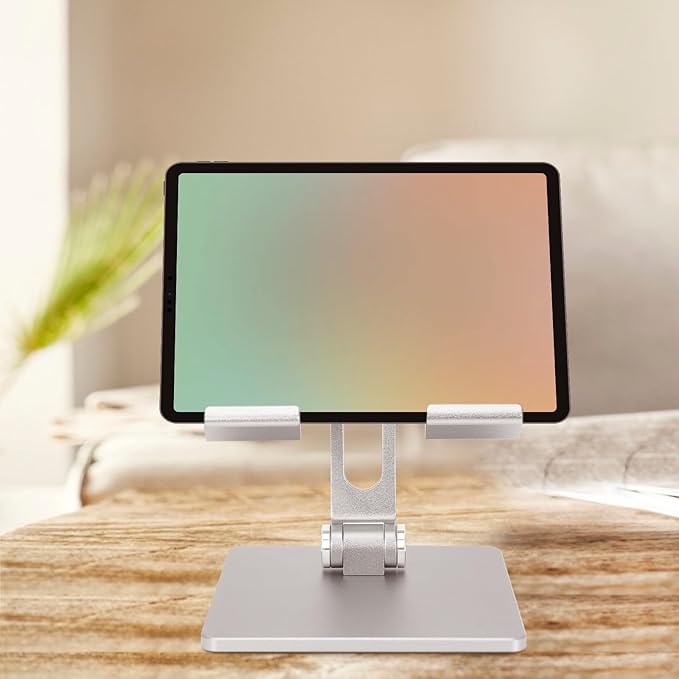 Alipis Aluminum Folding Tablet Stand Adjustable Portable Laptop Holder for Desk and Bed Use Compatible with Ipad and Tablets Silver Gray