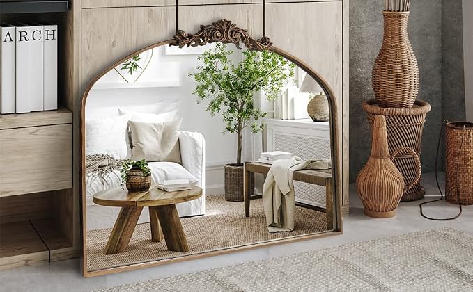 OUSHUAI Gold Arched Mirror,Baroque Brass Fireplace Mirror Decor, Victorian Vintage Mirrors with Full Matel Frame,Ornate Mirrors for Entryway/Bathroom/Living Room/Hallway 36"X30"
