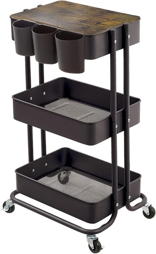 Skiennix 3-Tier Metal Rolling Cart - Versatile Storage Solution for Office & Kitchen, Black