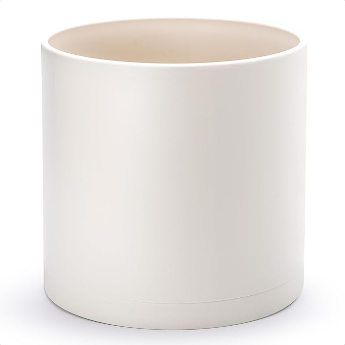 D'vine Dev 14 Inch Plastic Planter Pots for Plant Pot with Drainage Hole and Seamless Saucers, Oatmeal, 74-X-H-4