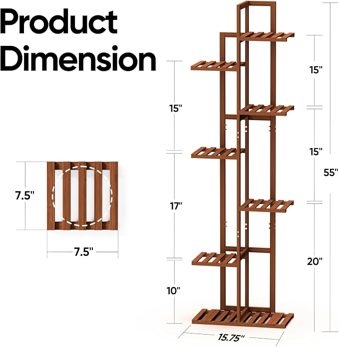 ROSSNY 55 Inch Tall Plant Stand Indoor, 7 Tier 8 Potted Bamboo Plant Stands for Indoor Plants, Corner Plant Stand, Tiered Plant Stands, Plant Shelf For Indoor, Planter Holder for Multiple Plants Indoor, Brown