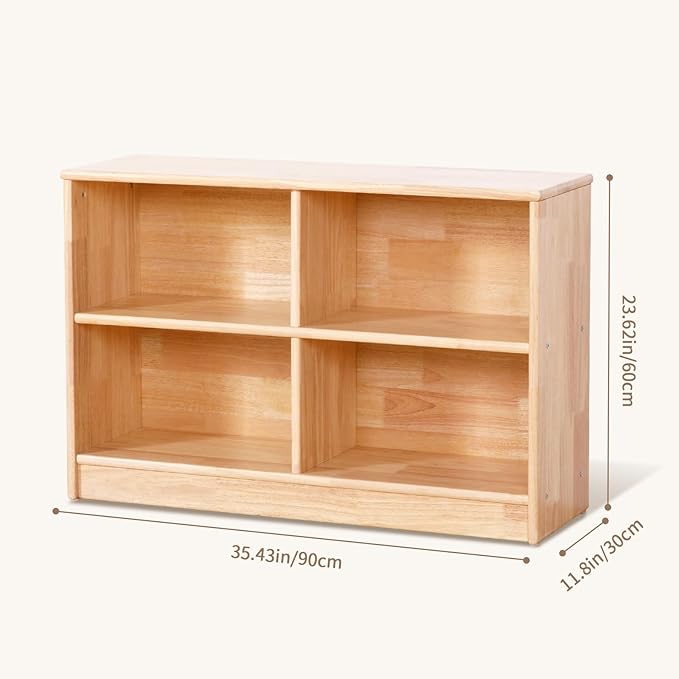 OOOK Rubber Wood 4-Compartment Wooden Storage Cabinet, 35.4" L, 2-Tier Toy Organizers and Storage, Montessori Shelf for Kids Room, Playroom, Nursery, Classroom, Kindergarten