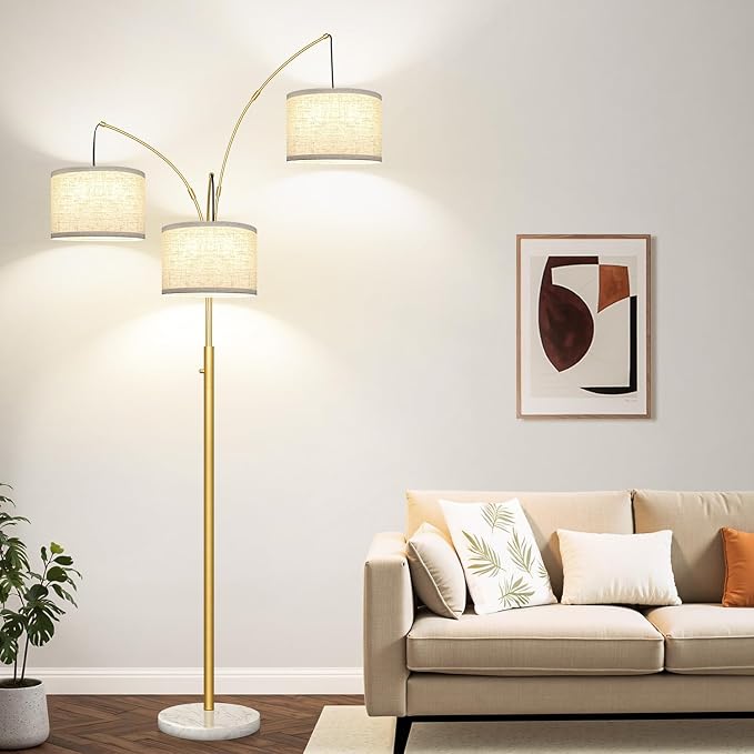 Dimmable 3 Lights Arc Floor Lamp, Modern Tall Standing Tree Lamp with Gold Pole, White Linen Shades & Solid Marble Base, 3000LM Warm White LED Bulbs, Elegant Lighting for Living Room, Bedroom & Office