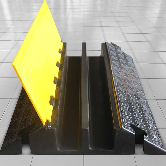 OranLite Large 2-Channel Rubber Floor Cable Protector Ramp, Heavy-Duty Floor Cable Wire Cord Cover Speed Bumps, Driveway Hose Cable Ramp Protective Cover (2 Large Channels)