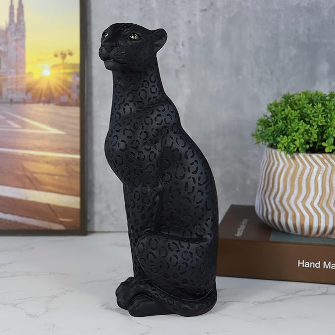Cheetah Statue Black Panther Black Leopard Statue 11”H Resin Modern Animal Sculpture Figurine Desktop Table Top Decoration for Home Office Decor