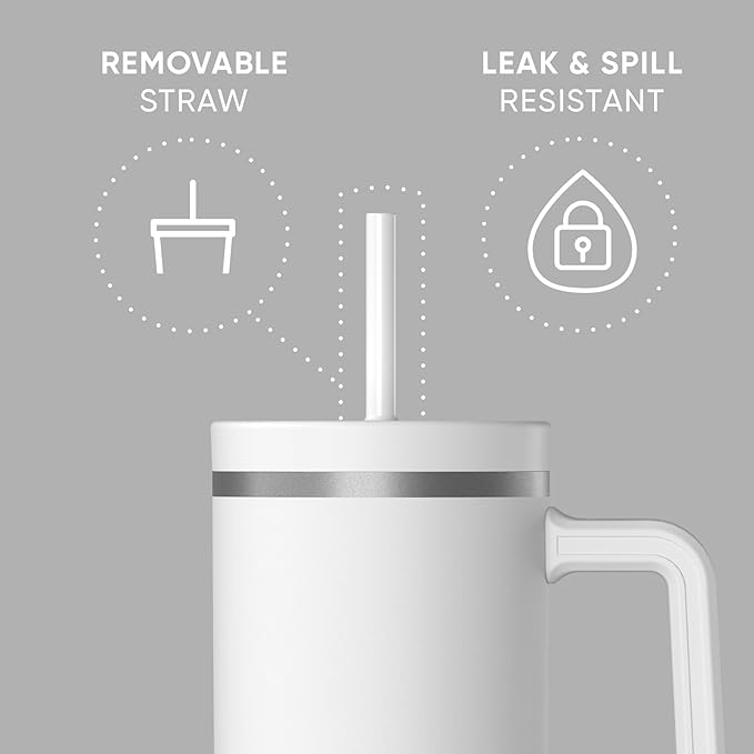 Hydrapeak Voyager 40 Oz Stainless Steel Tumbler with Handle, Insulated Water Bottle With Straw & Lid, Cupholder Friendly Reusable Travel Mug (White)