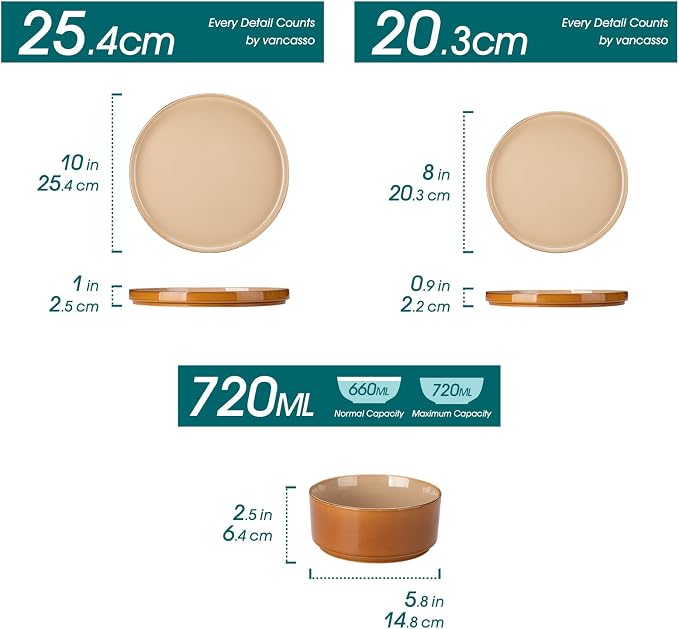 vancasso ONION Ceramic Plates and Bowls Sets, 24 Pieces Brown Dinnerware Sets for Kitchen, Reactive Glaze Dishes Set for 8, Dishwasher and Microwave Safe