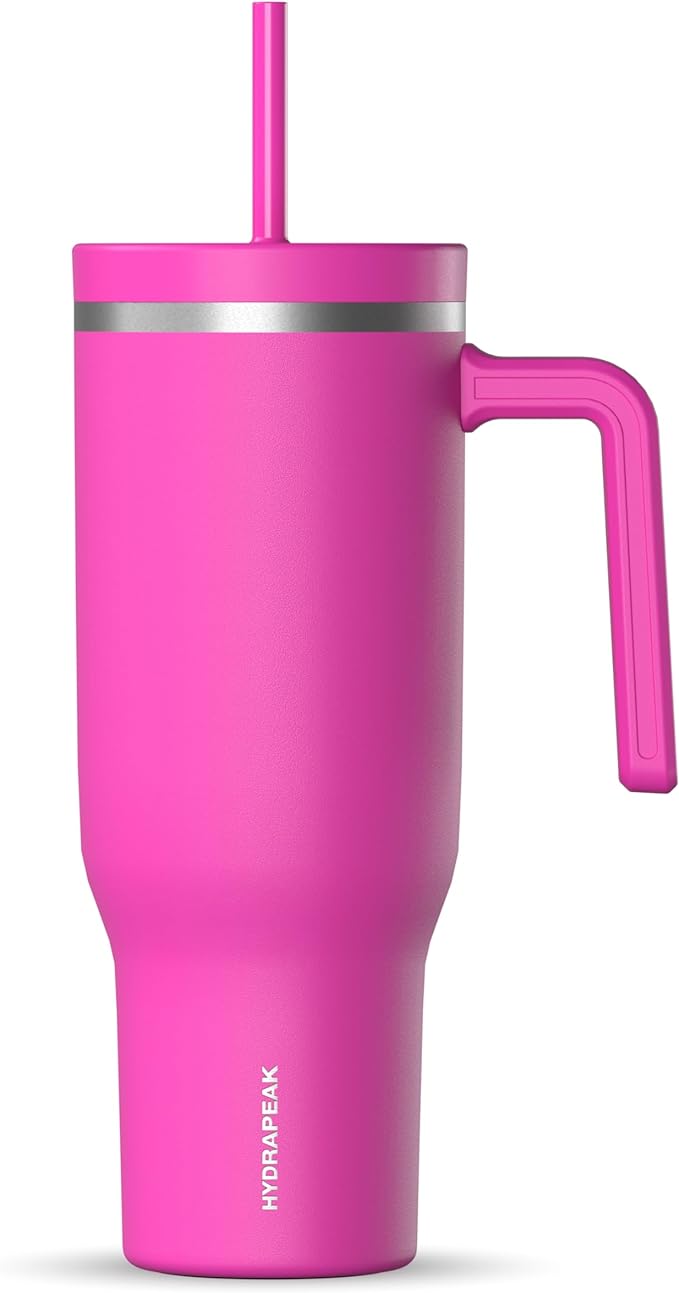 Hydrapeak Voyager 40 Oz Stainless Steel Tumbler with Handle, Insulated Water Bottle With Straw & Lid, Cupholder Friendly Reusable Travel Mug (Fuchsia)