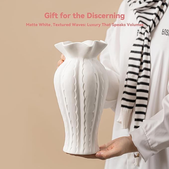 Sculptural Lily Vase - White Matte Ceramic with Ruffled Rim & Wave Texture, 10.2" Unique Flower Vase for Pampas Grass/Centerpieces, Decorative Vase for Living Room/Office, Ideal Gift for Art Lovers